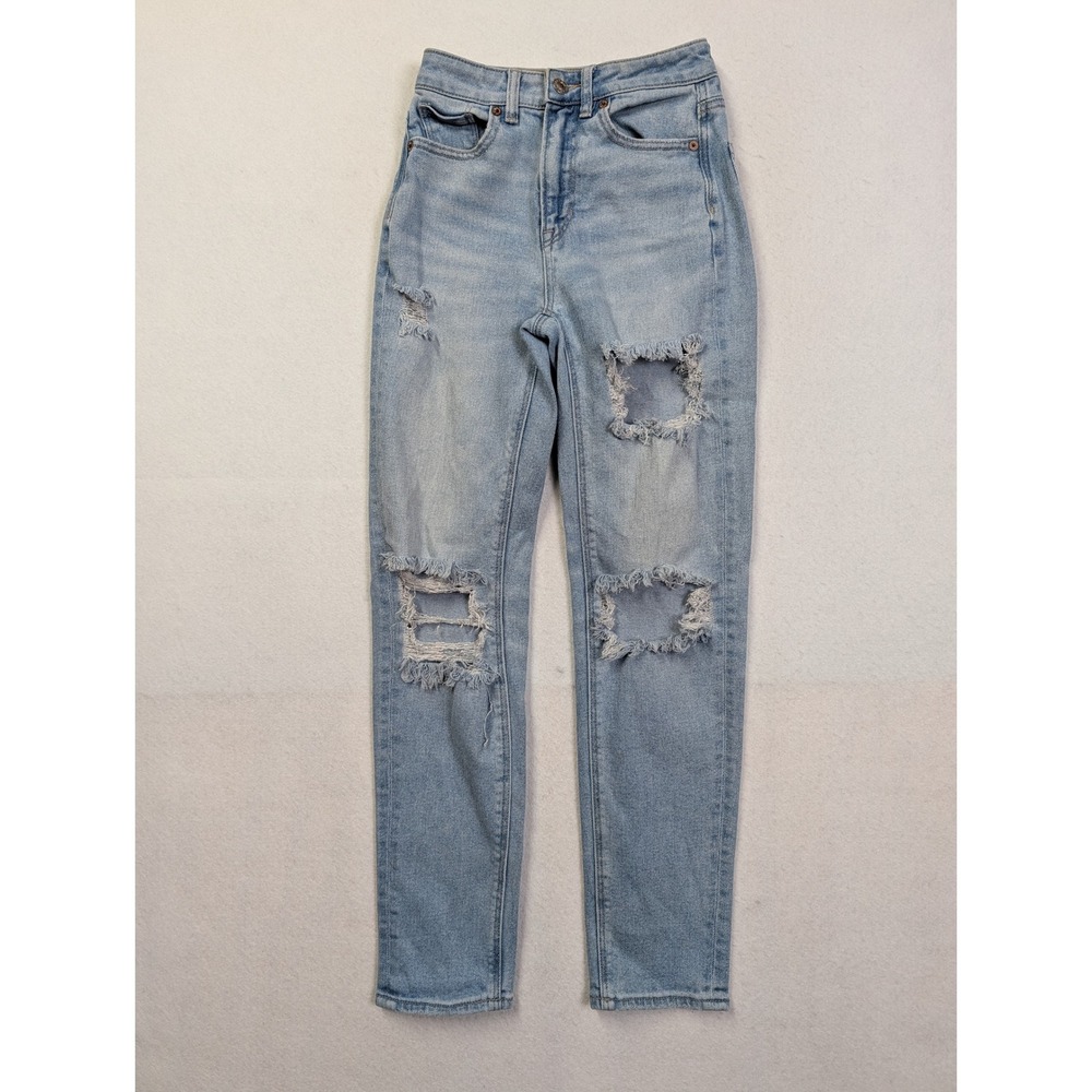 American Eagle Womens Mom Straight Jean 000 Distressed High Rise Blue